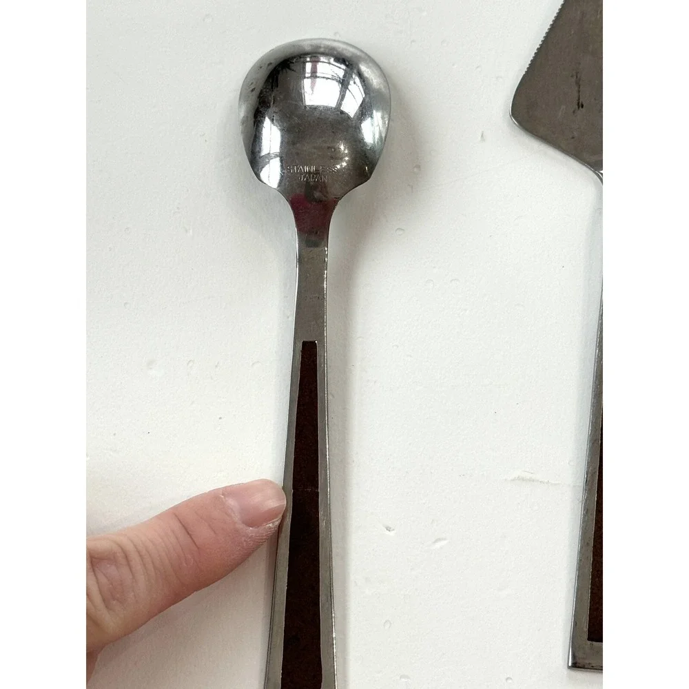5 Vtg MCM Stanley Roberts flatware provincial‎ walnut Serving Utensil Wood Inlay